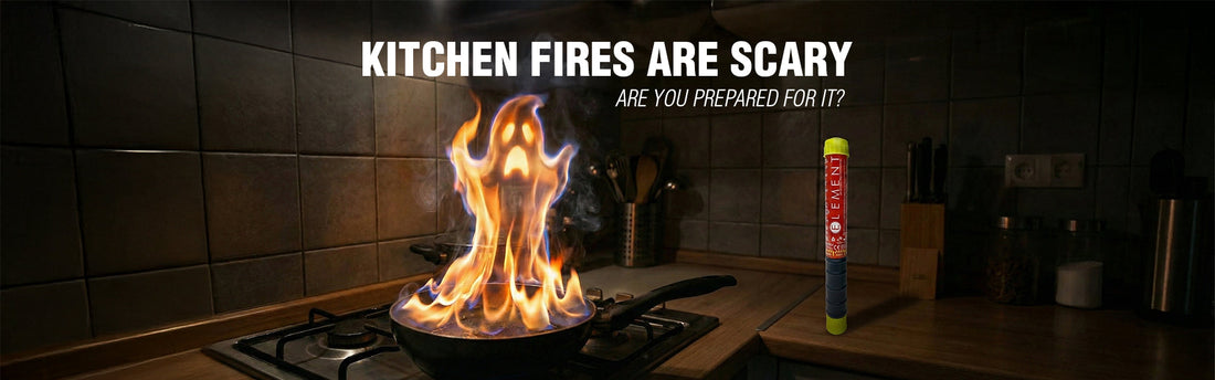 Ghost-shaped grease fire on a stovetop next to an Element portable fire extinguisher for home kitchen safety.