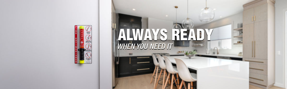 Element Fire Extinguisher mounted to a wall of a home kitchen using an Element Wall Mount Decal