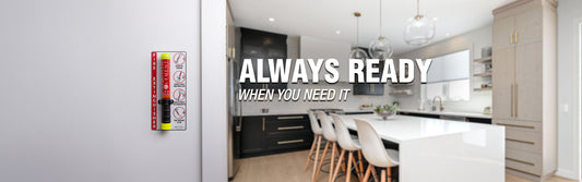 Element Fire Extinguisher mounted to a wall of a home kitchen using an Element Wall Mount Decal