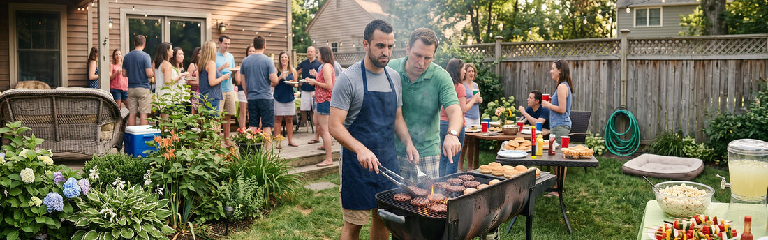 Person grilling while his friend is over his shoulder distracting him. There is an Element Fire Extinguisher keeping everyone safe on the table next to them.