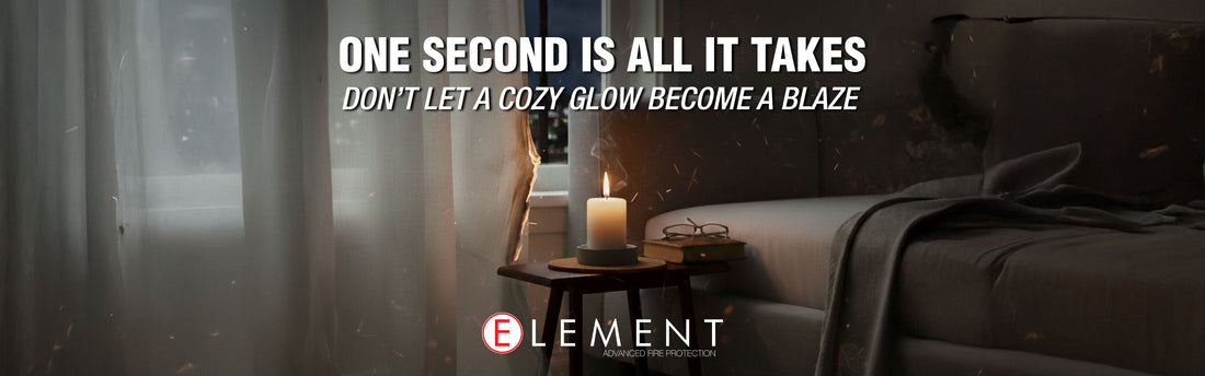 A cozy living room scene at night where a lit candle has accidentally set the edge of a sheer white curtain on fire next to a sofa and window.