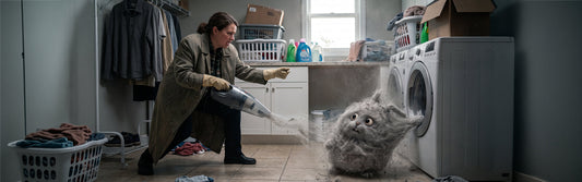 A lady vacuuming a lint monster that is hiding behind a dryer machine. 