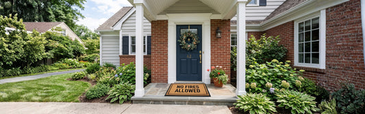 front door of a charming home with a welcome mat in front of the door that reads "NO FIRES ALLOWED".
