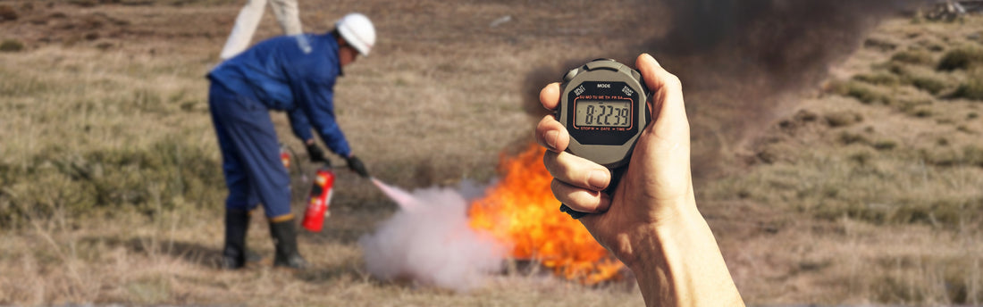 Person trying to extinguish a fire using a pressurized clean agent fire extinguisher is seen in the background while a hand with a stop watch is held up in the foreground.