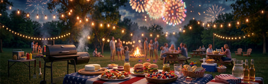 A full celebration feast spread across a table and in the background there's a family looking up at the July 4th fireworks.