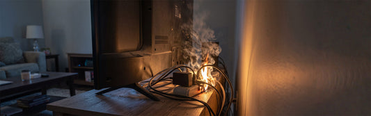 An overloaded power strip catching fire and emitting smoke behind a television sitting on a wooden console.