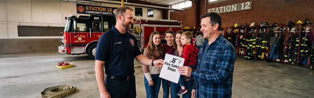A fire marshal handing a family a fire safety booklet.