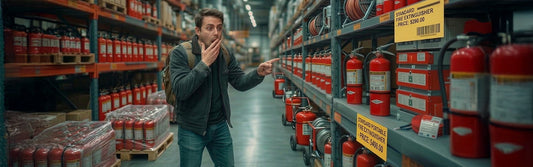 Man looking shocked as he looks at the cost of the fire extinguishers on a shelf in a warehouse setting.